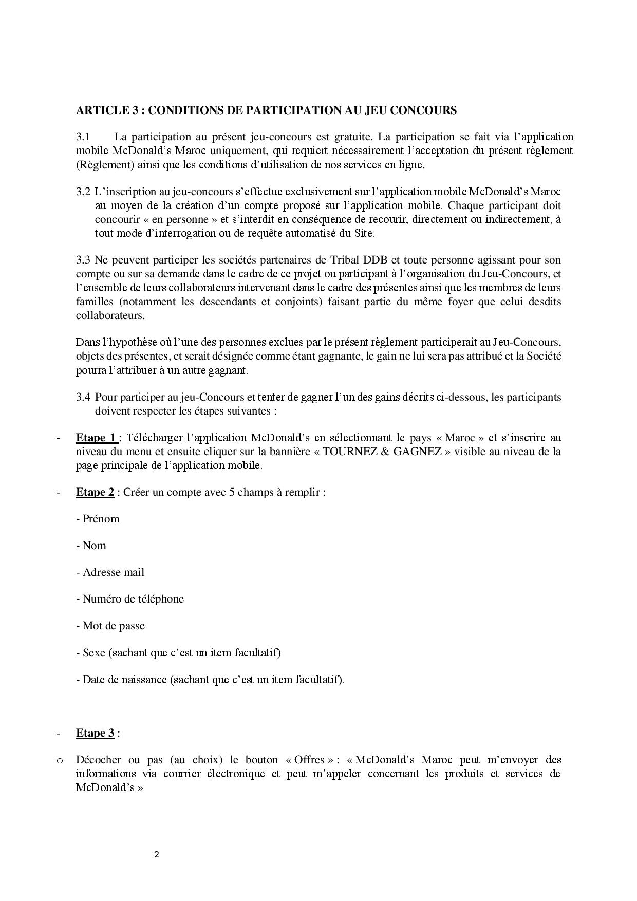 Règlement du jeu tournez et gagnez